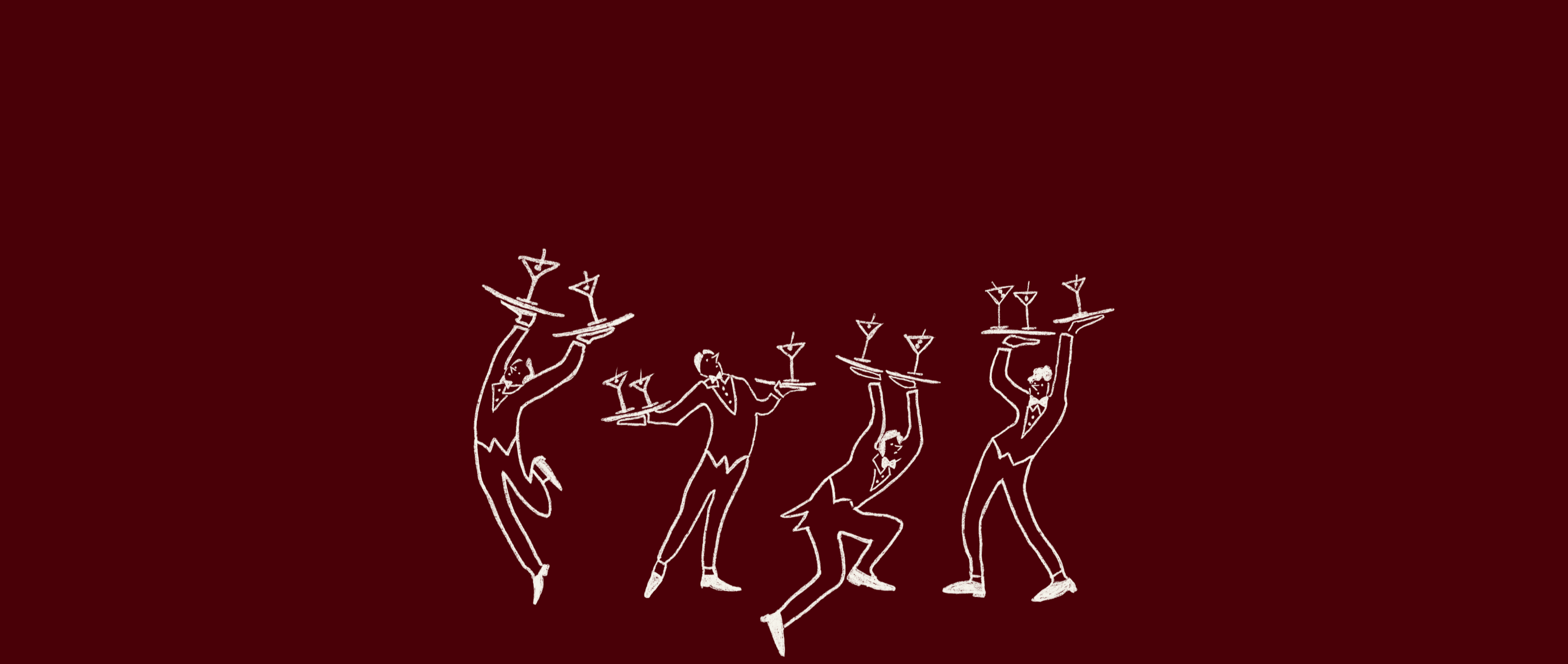 White line drawing of five figures holding a tray on a red background