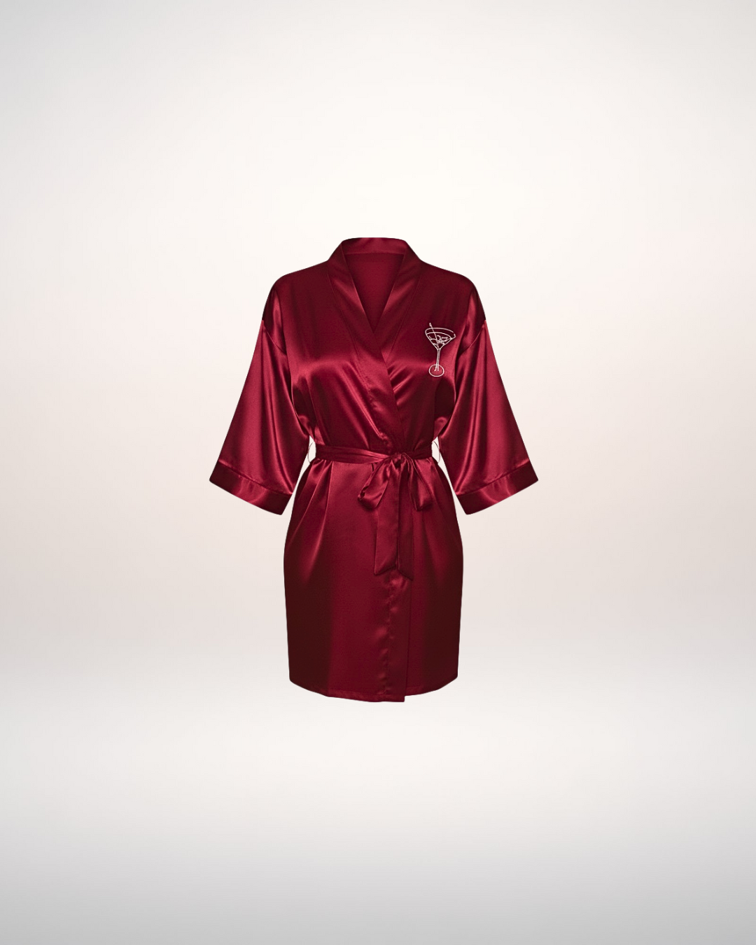 Red satin la saum dirty martini robe with a logo on a light gray background