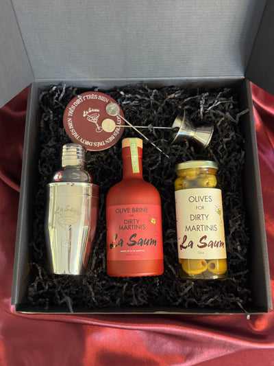 a video of the la saum olive brine cocktail kit being opened 